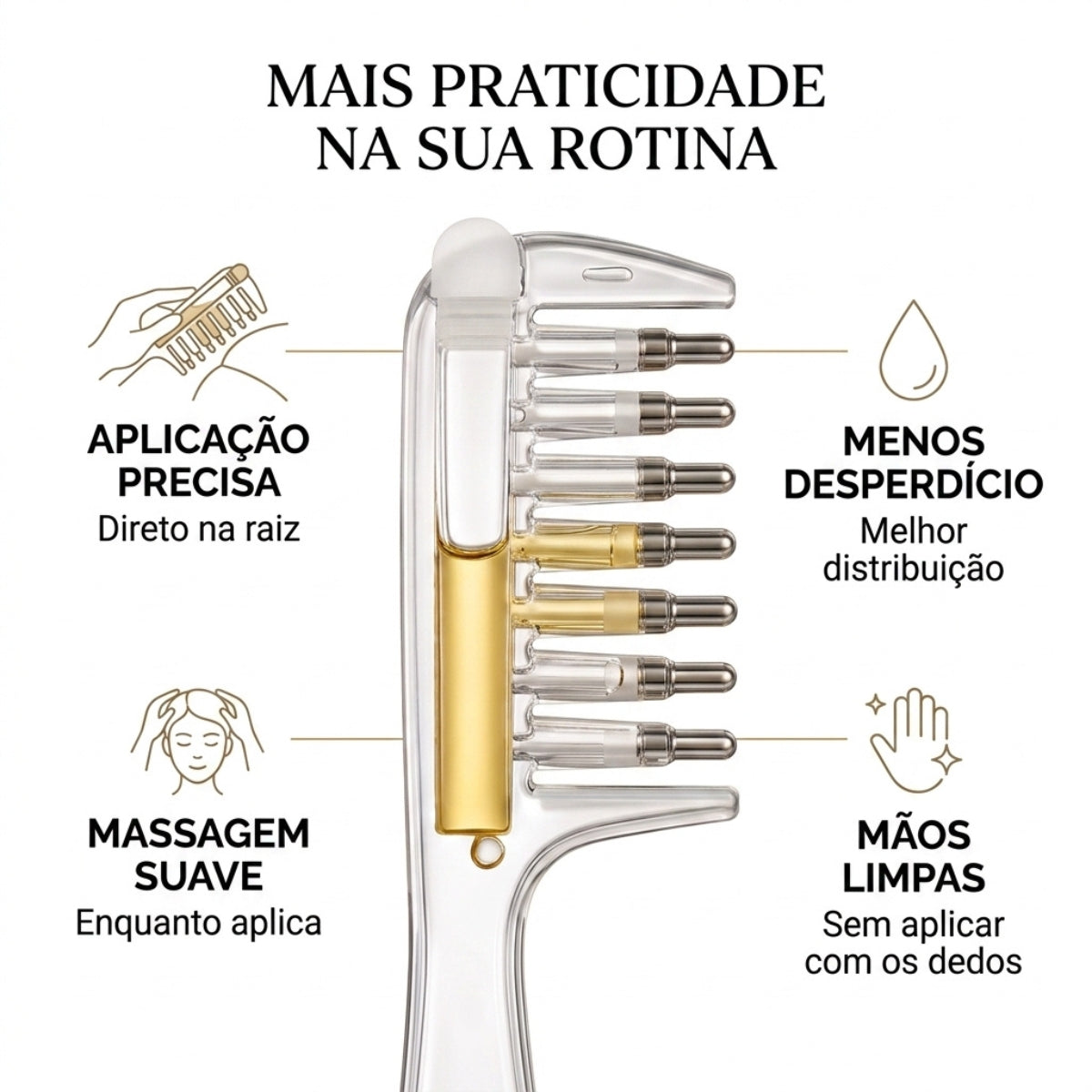 Pente Massageador Aplicador Óleo Cabelo Raiz Couro Cabeludo Todos os Tipos de Cabelos Para Aplicação de Hair Tônico Crescimento Sérum Massagem Nuvae