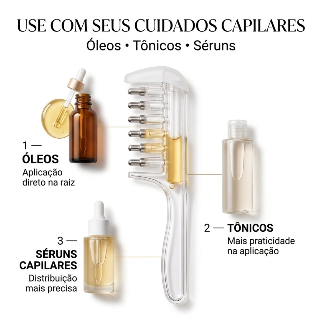 Pente Massageador Aplicador Óleo Cabelo Raiz Couro Cabeludo Todos os Tipos de Cabelos Para Aplicação de Hair Tônico Crescimento Sérum Massagem Nuvae
